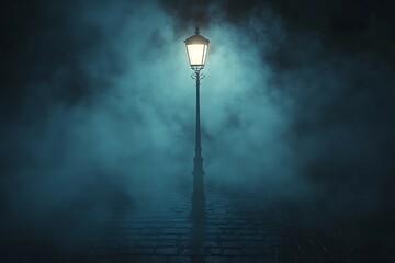 Street lamp in the fog at night.