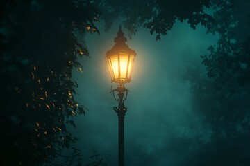 Street lamp in the fog at night.