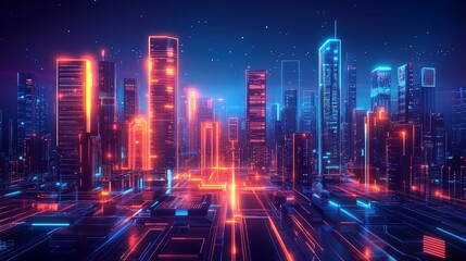 Fototapeta premium Neon Cityscape Digital Futuristic Architecture Design