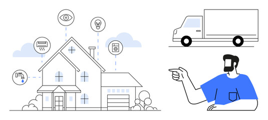 Smart home with connected devices thumbs up security, lighting, HVAC, washing machine. Man giving instructions, delivery truck. Ideal for smart home integration, IoT, automation security energy