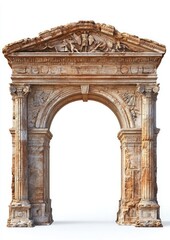A realistic ancient Roman arch with detailed carvings and architectural elements, isolated on a white background
