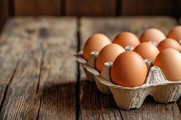 Eggs in a cardboard box on a wooden background. Top view
