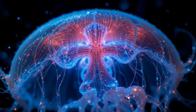 Glowing bioluminescent jellyfish with intricate neural patterns in deep ocean, futuristic AI-generated digital illustration