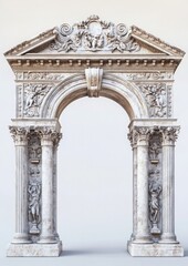 Naklejka premium A realistic ancient Roman arch with detailed carvings and architectural elements, isolated on a white background