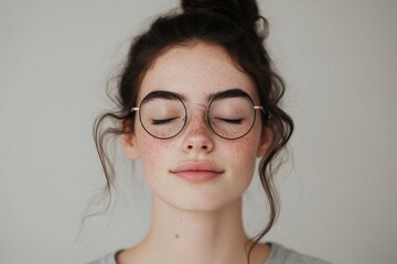 Fototapeta premium A Young Woman With Closed Eyes Wearing Round Glasses