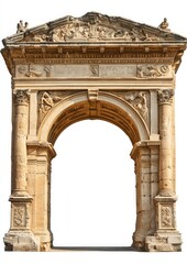 A realistic ancient Roman arch with detailed carvings and architectural elements, isolated on a white background