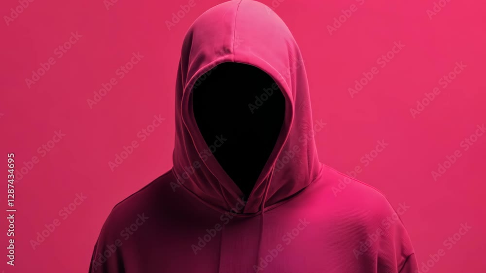 Poster pink hacker anonymous hooded figure representing cybersecurity threats in cryptic red style capturin