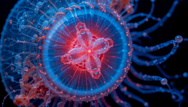 Futuristic glowing jellyfish with bioluminescent blue and red light in deep sea, digital AI-generated illustration
