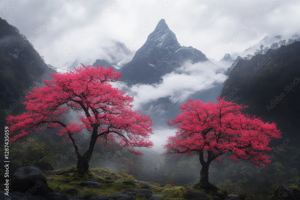 Poster two trees with pink leaves are in a field with a mountain in the background