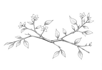 Elegant Hand-Drawn Botanical Illustration of a Flowering Branch with Leaves and Blossoms &ndash; Perfect for Nature Themes