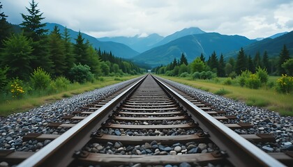Fototapeta premium Railroad Tracks Through Forest Leading Towards Distant Mountain Range