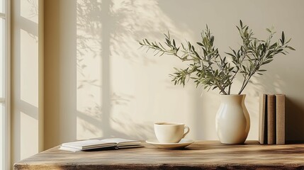 Tranquil morning scene with coffee books and plant