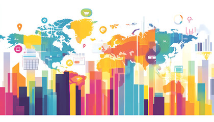 Fototapeta premium A vibrant graphic illustration showcasing a colorful world map with city structures and data symbols.