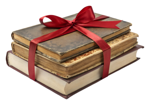 Gift-wrapped vintage books cozy home setting still life warm vibes isolated on transparent background