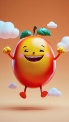 A cheerful fruit character jumps in a colorful world with fluffy clouds, radiating happiness and cartoon fun.