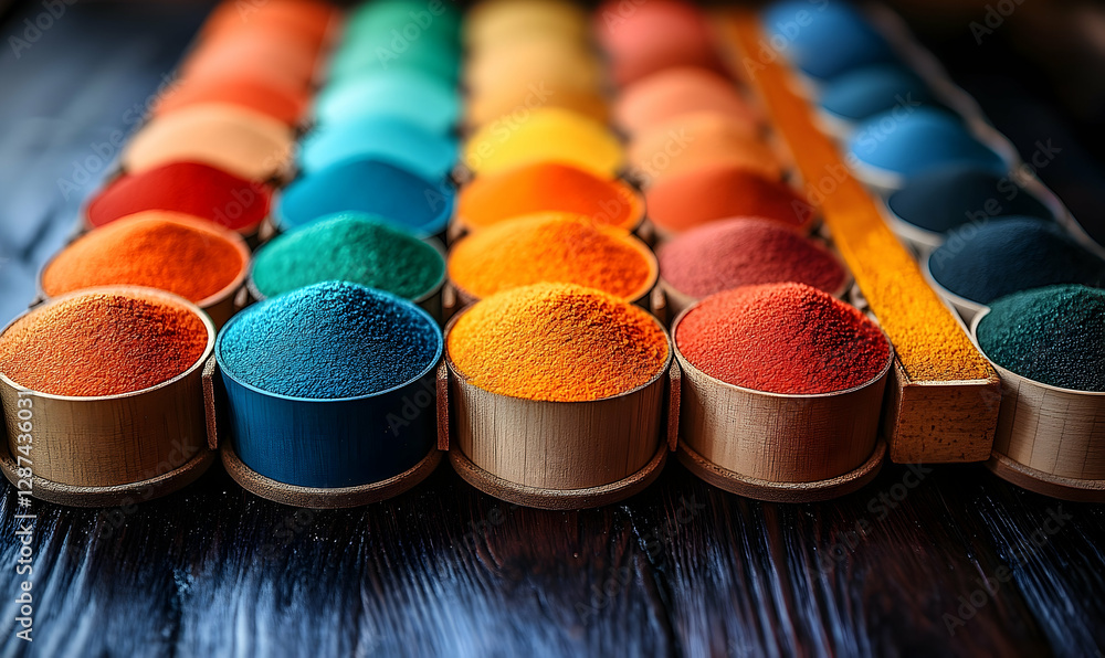 Poster vibrant array of colorful powders in containers creating a visual spectrum