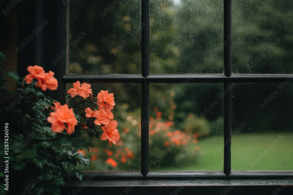 Poster a window with a view of a garden with flowers and a tree