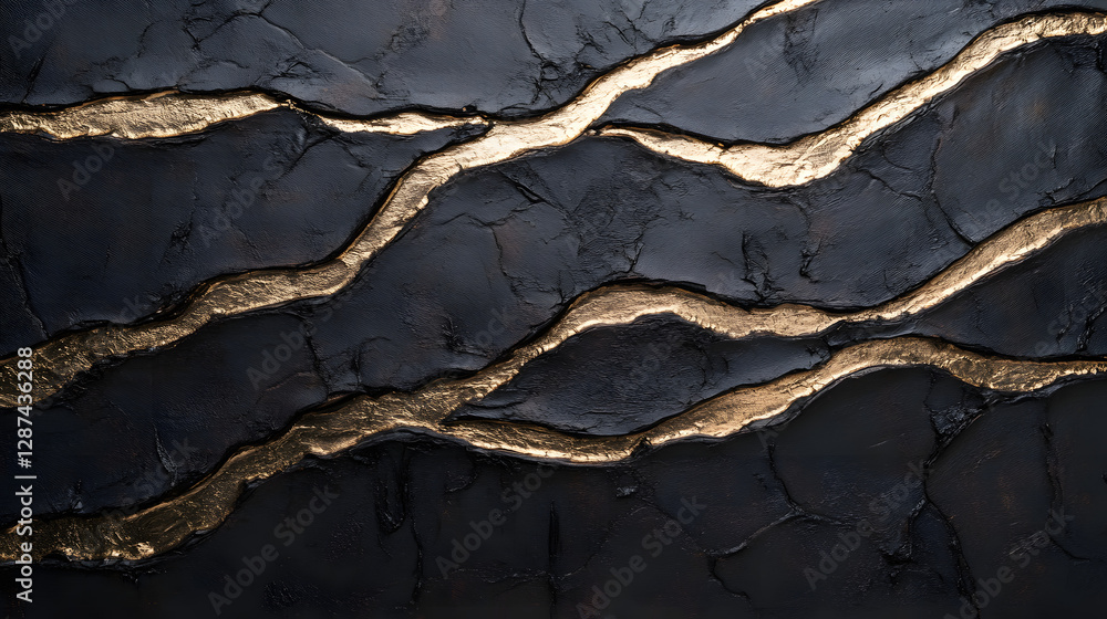 Poster close up view of a textured black and gold wall surface with intricate patterns and designs