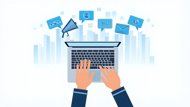 Hands typing on a laptop with marketing icons like email and megaphone. Clean white background with bar graphs, symbolizing communication and digital marketing.
