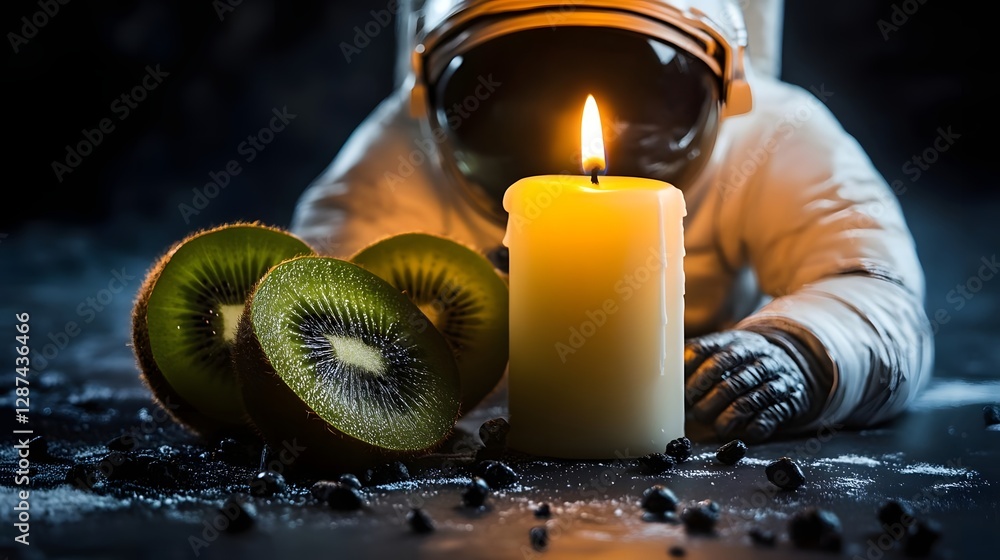 Poster astronaut exploring a surreal scene with kiwi fruits and a candle against a dark background
