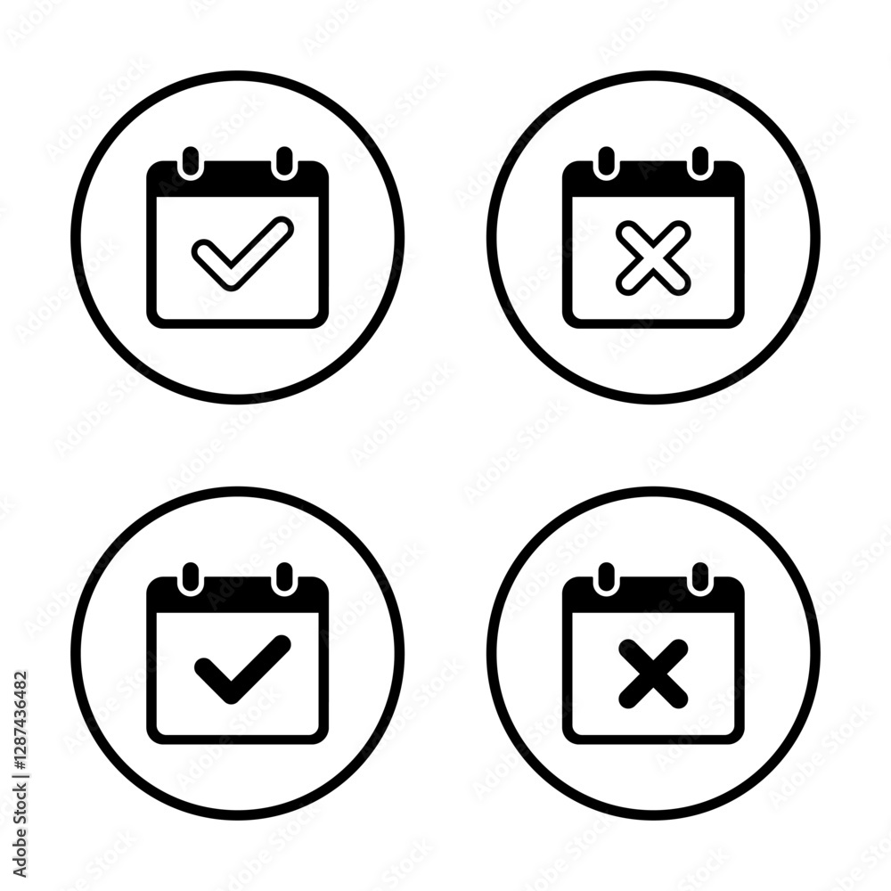 Poster calendar with check mark and x cross icon on circle line. date organizer sign symbol