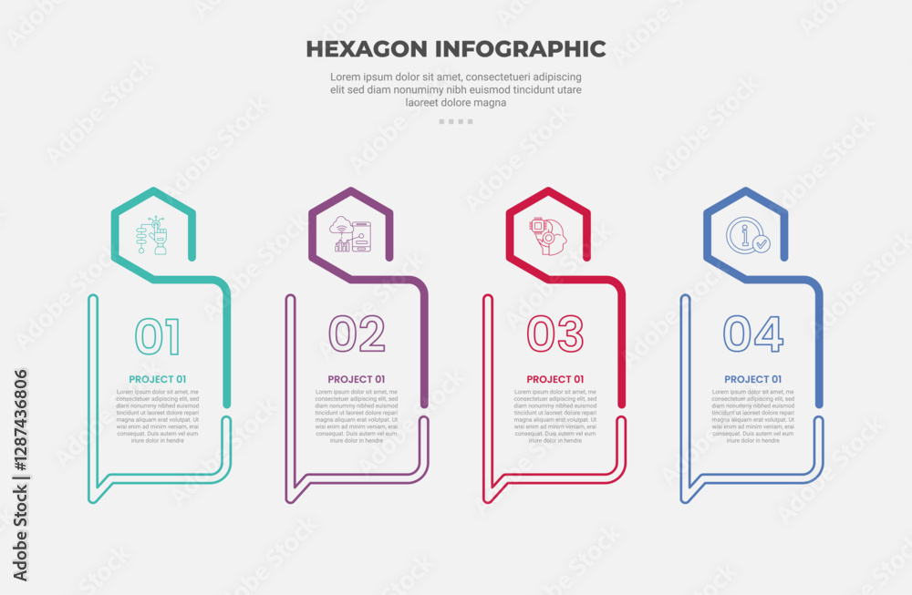 Poster hexagon or hexagonal base shape infographic outline style with 4 point template with creative vertic