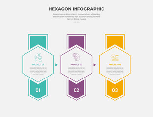 hexagon or hexagonal base shape infographic outline style with 3 point template with horizontal hexagon with vertical accessories through for slide presentation