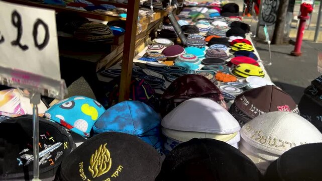 Jerusalem Old City Market, A stall selling a kippah, a Jewish religious cap. A kippah with a Star of David - a symbol of Israel