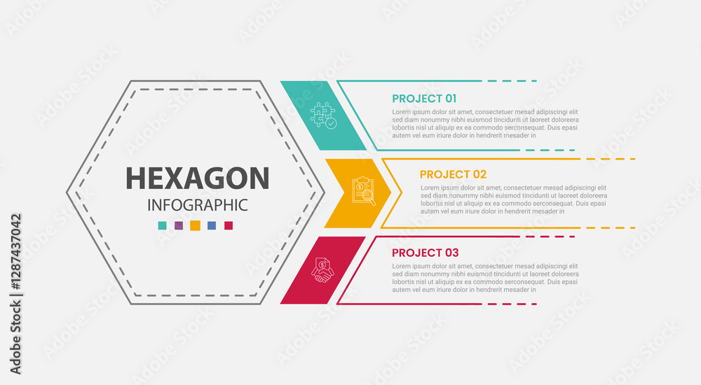 Aufkleber hexagon or hexagonal base shape infographic outline style with 3 point template with big hexagon lef
