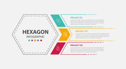 Fototapeta premium hexagon or hexagonal base shape infographic outline style with 3 point template with big hexagon left and slice cut list container for slide presentation