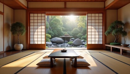 Fototapeta premium Japanese minimalist living room with serene atmosphere featuring tatami mats and garden vie