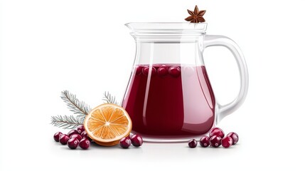 Thanksgiving feast featuring a glass pitcher of spiced cranberry punch with festive garnish, digital painting, realistic style, isolated on white background