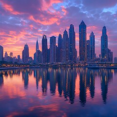Fototapeta premium Dubai skyline sunrise reflection waterfront