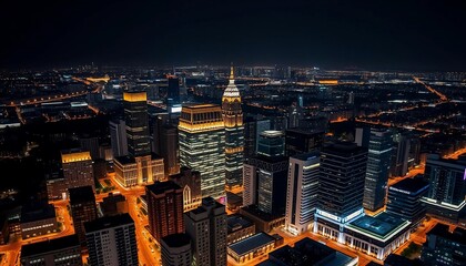Obraz premium Night Lights of the Cityscape: An Aerial View of Modern Urban Architecture