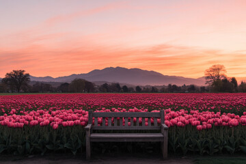 Fototapeta premium A wooden bench sits in a field of red tulips