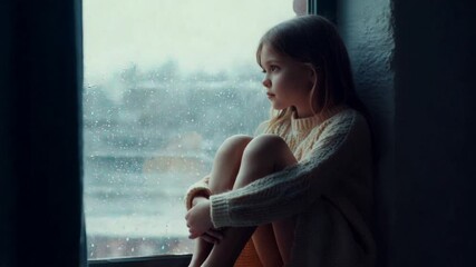 A teenage girl in a voluminous knitted sweater sits on a wide windowsill with her legs bent at the knees and her arms around them. The girl looks out the window, remaining motionless, raindrops fallin