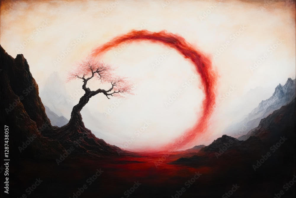 Poster a painting of a tree and a red circle with mountains in the background