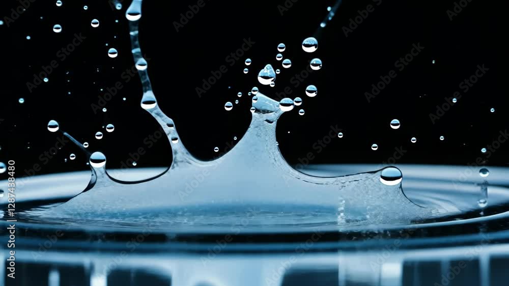 Poster water droplets exploding in dramatic slow motion against dark background for science and abstract ar