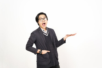 Holding and Showing Empty Plate for copy space food Of Handsome Asian Man Isolated On White Background