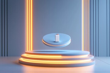 Abstract podium with 3D glow, floating product feature, ample copy space.
