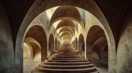 Obraz premium A grand architectural structure with interconnected staircases and repeating arch patterns, precise geometric design, warm earthy tones