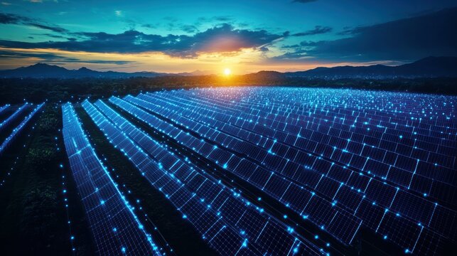 Solar panels illuminated at sunset in a field.