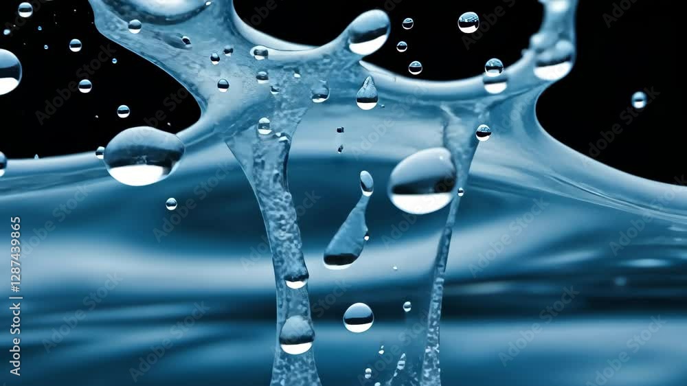 Poster water droplets exploding in dramatic slow motion against dark background for science and abstract ar