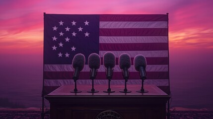 Dramatic Sunset with American Flag and Microphones Setup for Speech