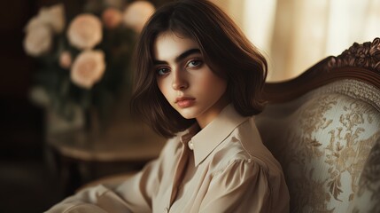 Fototapeta premium The atmosphere of the modern workplace. The light focused on her face and beige suit accentuated her facial expressions and outfit details, creating an atmosphere of professionalism and confidence.