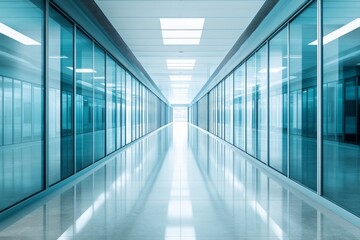 Long clean hallway with glass walls and light reflecting floor