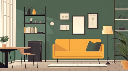 Modern Living Room Interior Design: Yellow Sofa, Green Walls, and Stylish Decor