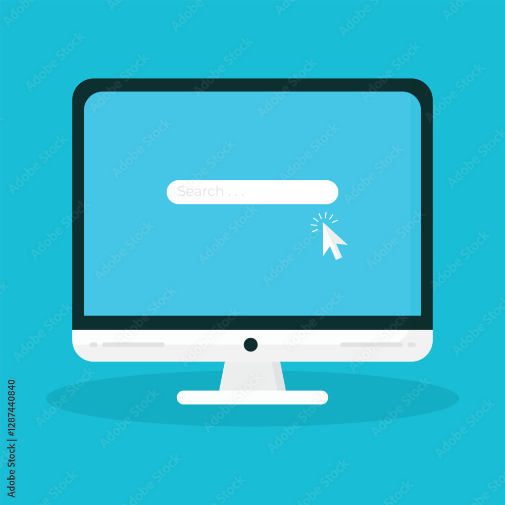 Poster flat computer icon on blue background. computer with blank empty display screen for copy space on wo