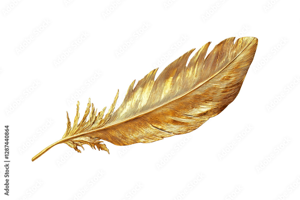 Poster golden feather isolated on transparent background for creative use