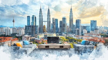 Obraz premium Living room overlooking the stunning kuala lumpur cityscape watercolor painting